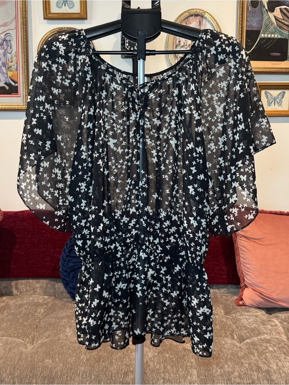 No Boundaries Black Sheer Butterfly-Print Tie-Neck Blouse